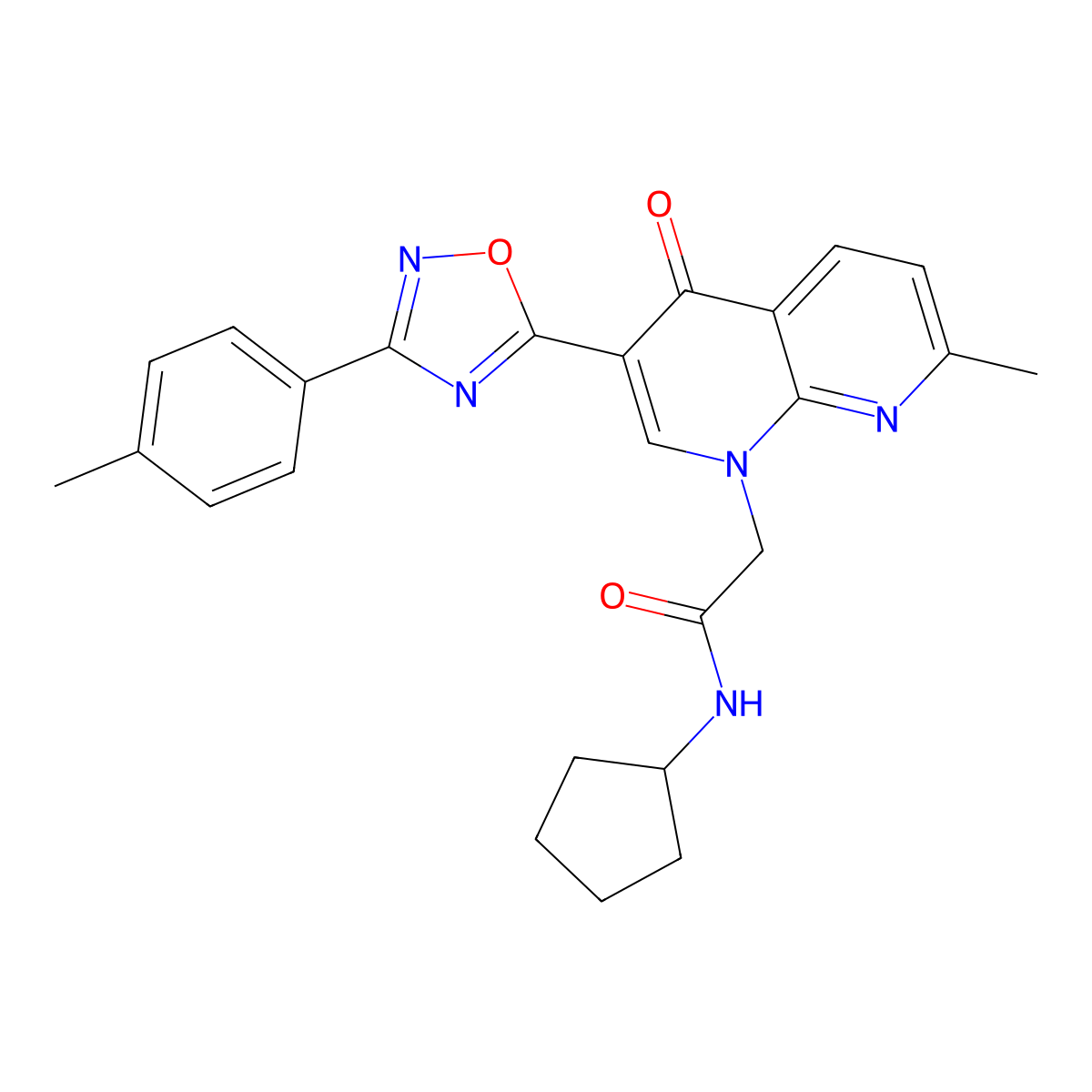 N-cyclopentyl-2-(7-methyl-4-oxo-3-(3-(p-tolyl)-1,2,4-oxadiazol-5-yl)-1,8-naphthyridin-1(4H)-yl)acetamide molecular structure, CAS 1029770-65-7