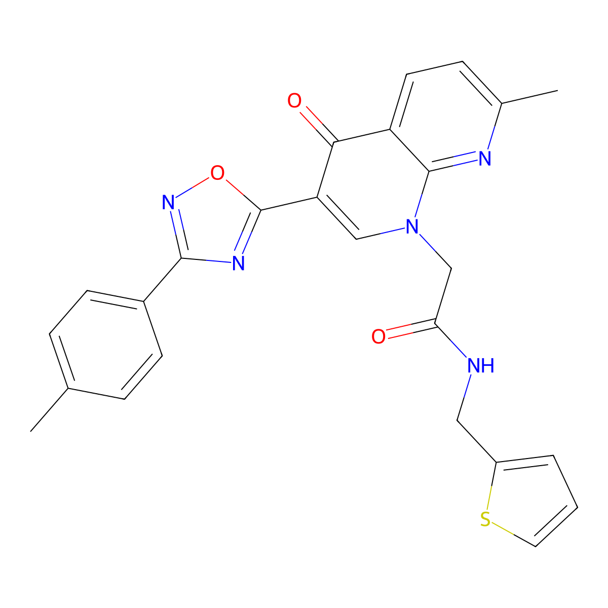 2-{7-methyl-3-[3-(4-methylphenyl)-1,2,4-oxadiazol-5-yl]-4-oxo-1,4-dihydro-1,8-naphthyridin-1-yl}-N-[(thiophen-2-yl)methyl]acetamide molecular structure, CAS 1029770-77-1