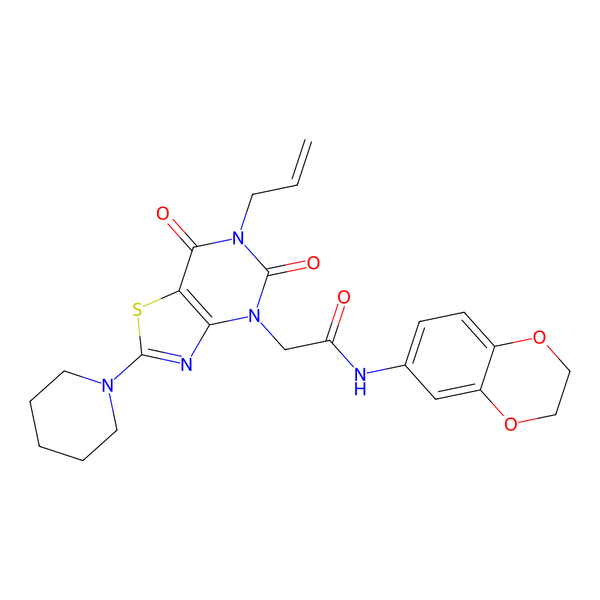 2-(6-allyl-5,7-dioxo-2-piperidin-1-yl-6,7-dihydro[1,3]thiazolo[4,5-d]pyrimidin-4(5H)-yl)-N-(2,3-dihydro-1,4-benzodioxin-6-yl)acetamide molecular structure, CAS 1029771-31-0