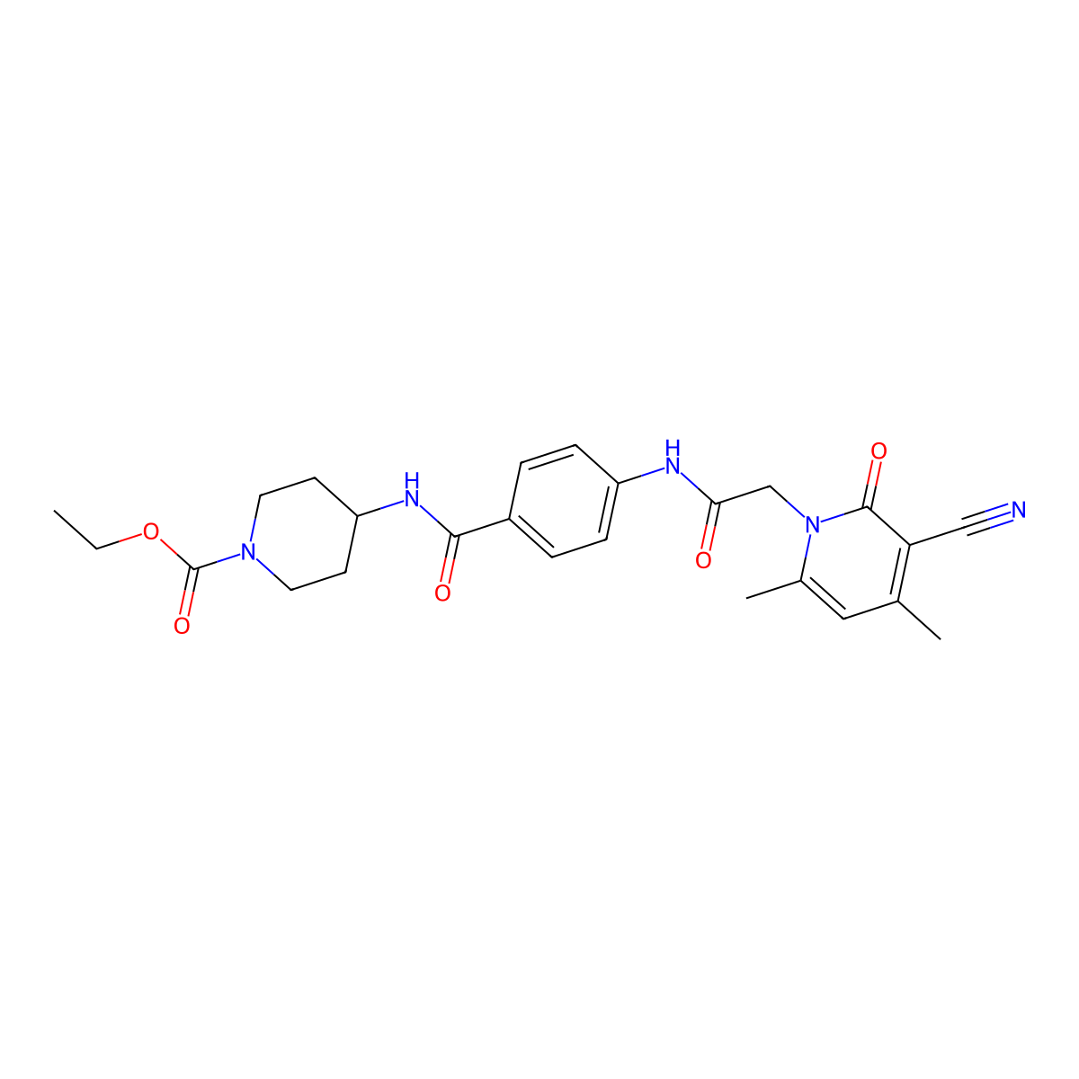 ethyl 4-(4-(2-(3-cyano-4,6-dimethyl-2-oxopyridin-1(2H)-yl)acetamido)benzamido)piperidine-1-carboxylate molecular structure, CAS 1029772-43-7