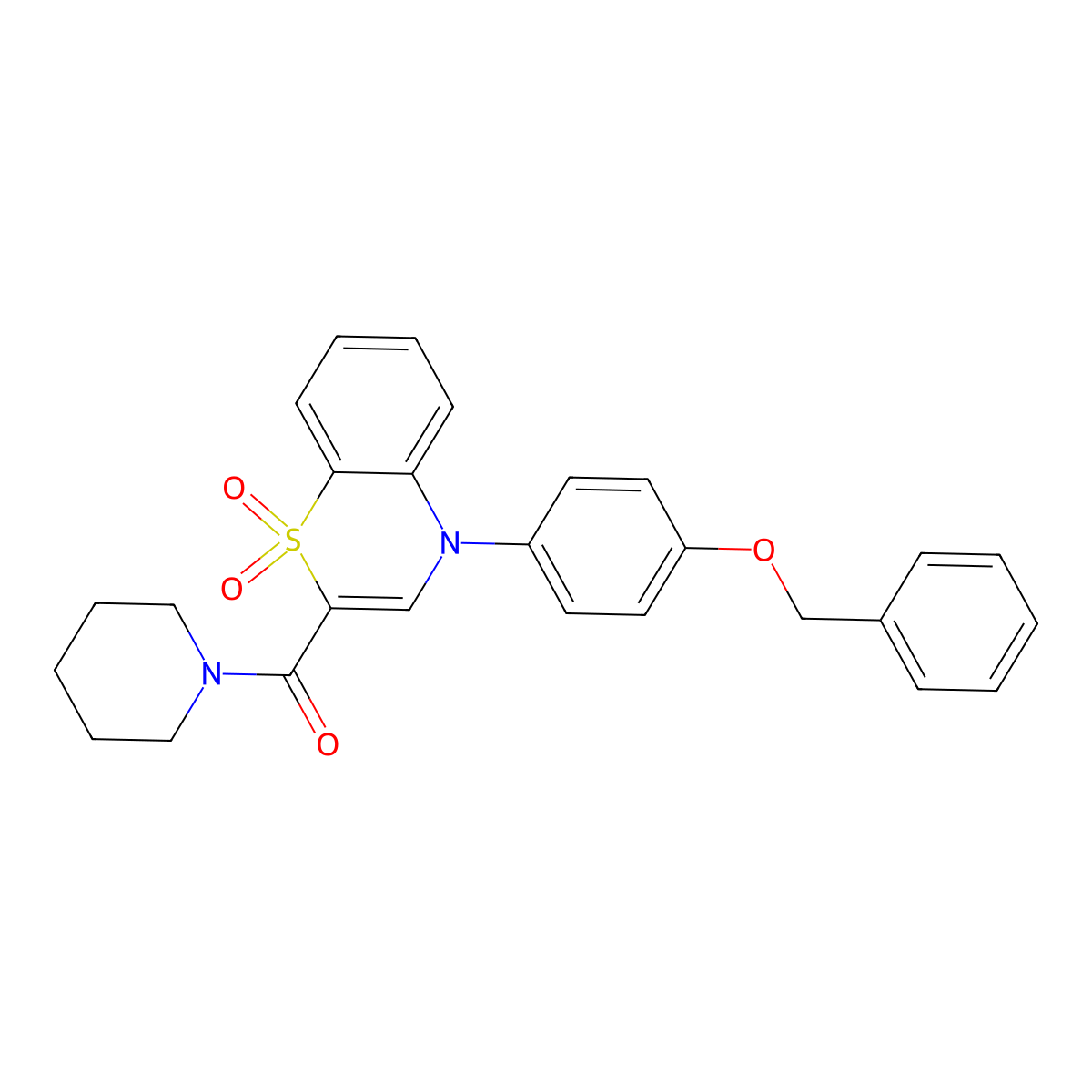 (4-(4-(benzyloxy)phenyl)-1,1-dioxido-4H-benzo[b][1,4]thiazin-2-yl)(piperidin-1-yl)methanone molecular structure, CAS 1029775-78-7