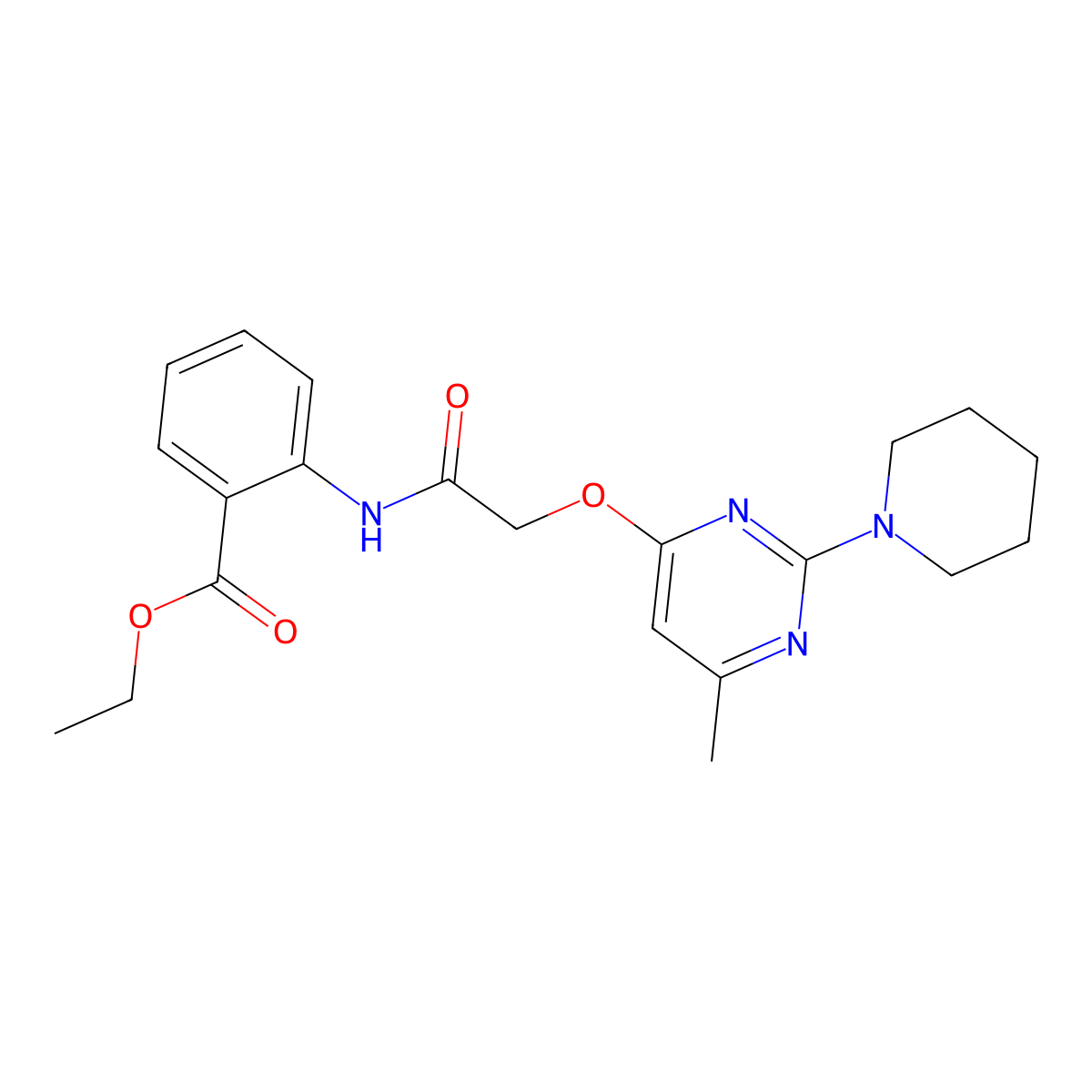 Ethyl 2-(2-{[6-methyl-2-(piperidin-1-YL)pyrimidin-4-YL]oxy}acetamido)benzoate molecular structure, CAS 1029776-72-4