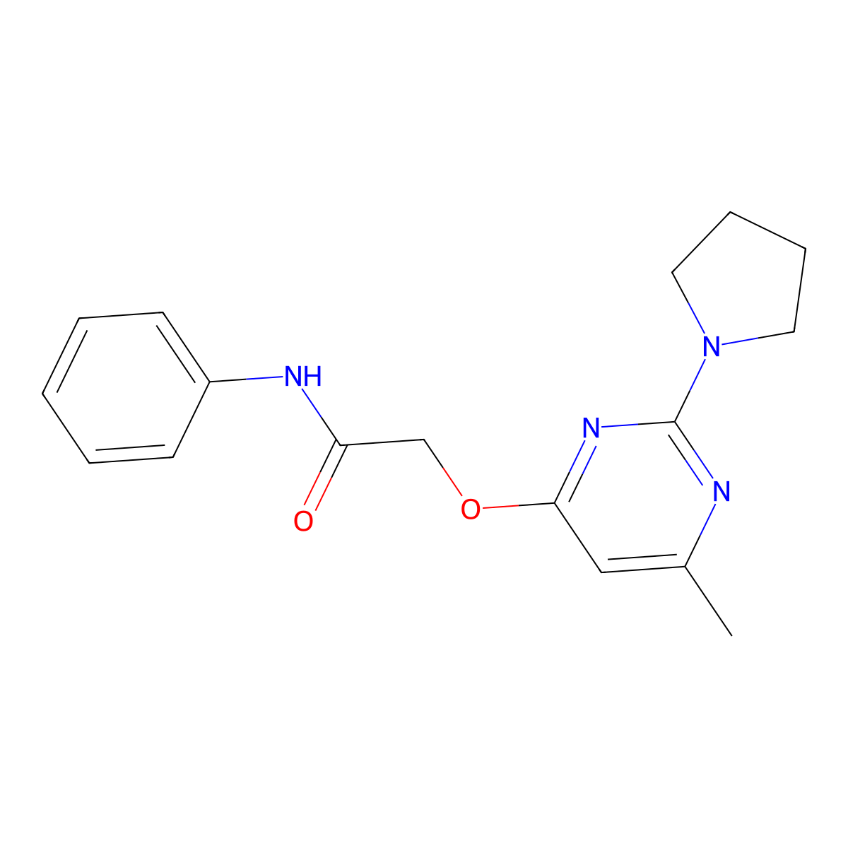 2-((6-methyl-2-(pyrrolidin-1-yl)pyrimidin-4-yl)oxy)-N-phenylacetamide molecular structure, CAS 1029776-87-1
