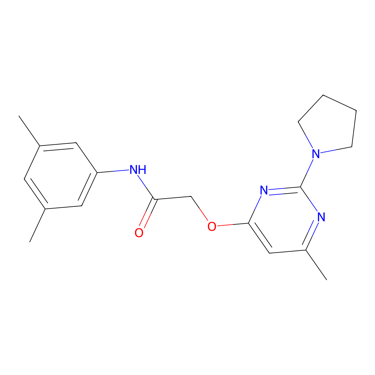 N-(3,5-dimethylphenyl)-2-{[6-methyl-2-(pyrrolidin-1-yl)pyrimidin-4-yl]oxy}acetamide molecular structure, CAS 1029776-96-2