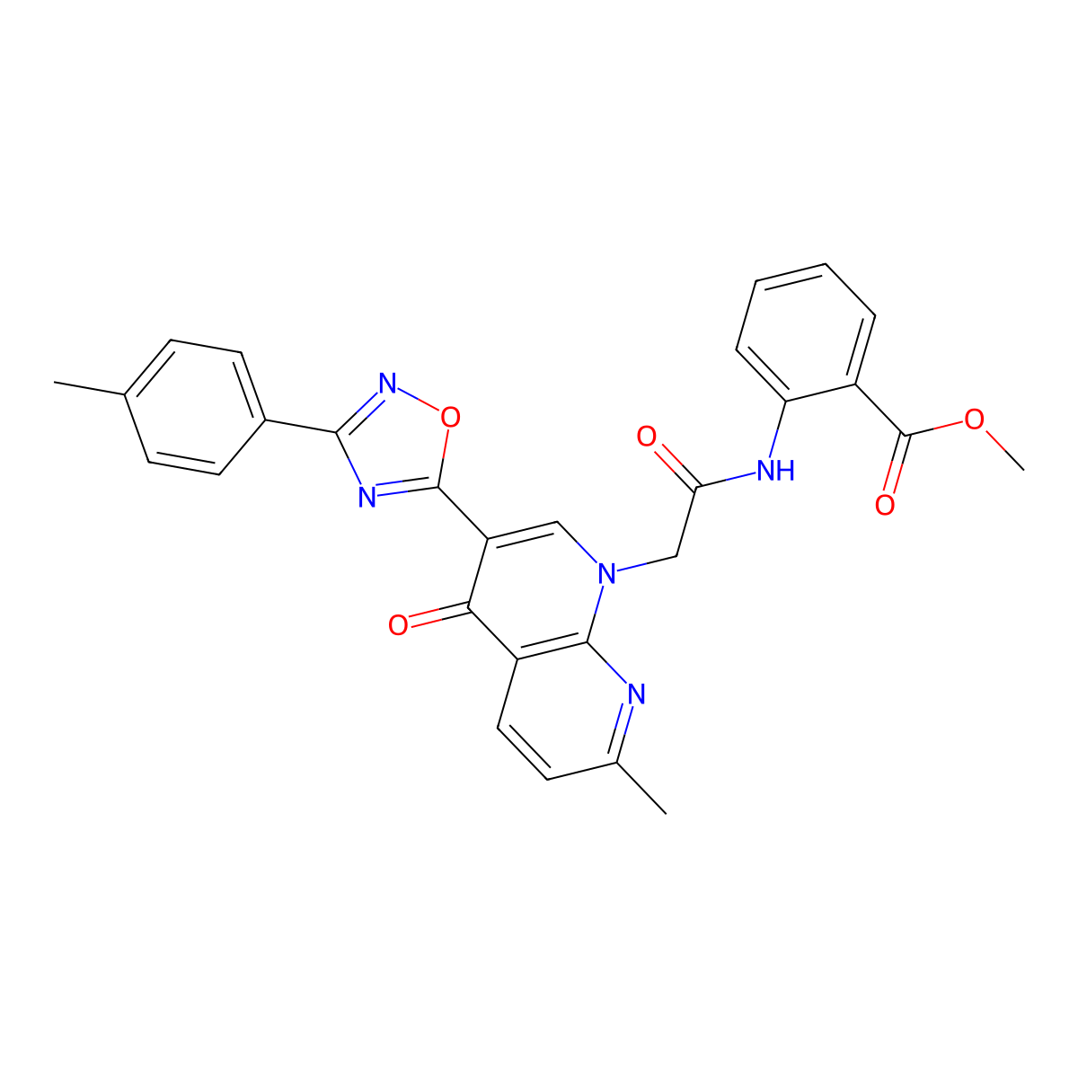 methyl 2-(2-(7-methyl-4-oxo-3-(3-(p-tolyl)-1,2,4-oxadiazol-5-yl)-1,8-naphthyridin-1(4H)-yl)acetamido)benzoate molecular structure, CAS 1029784-27-7