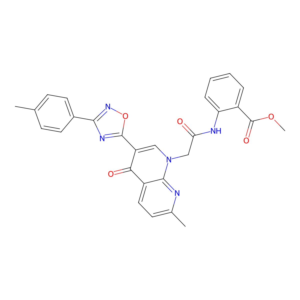 methyl 2-(2-(7-methyl-4-oxo-3-(3-(p-tolyl)-1,2,4-oxadiazol-5-yl)-1,8-naphthyridin-1(4H)-yl)acetamido)benzoate molecular structure, CAS 1029784-27-7
