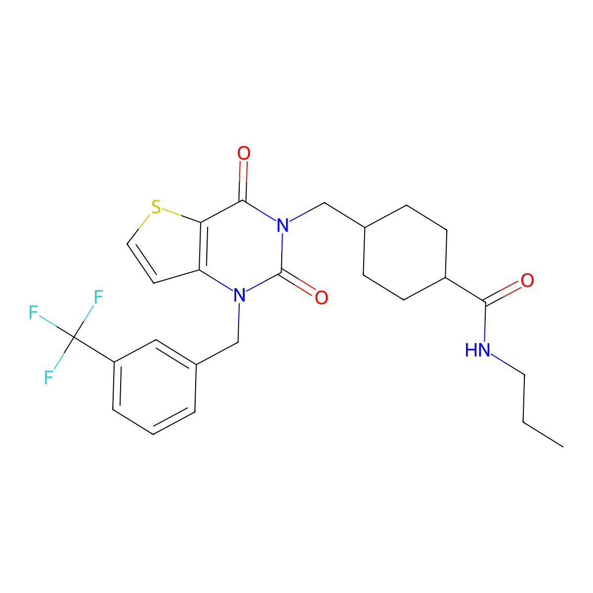 4-[(2,4-dioxo-1-{[3-(trifluoromethyl)phenyl]methyl}-1H,2H,3H,4H-thieno[3,2-d]pyrimidin-3-yl)methyl]-N-propylcyclohexane-1-carboxamide molecular structure, CAS 1029784-80-2