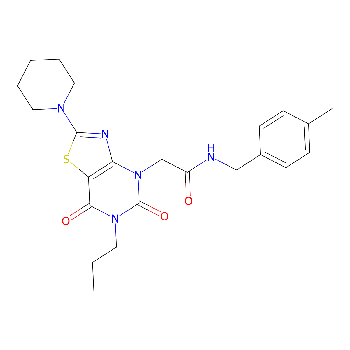 2-(5,7-dioxo-2-(piperidin-1-yl)-6-propyl-6,7-dihydrothiazolo[4,5-d]pyrimidin-4(5H)-yl)-N-(4-methylbenzyl)acetamide molecular structure, CAS 1029786-34-2
