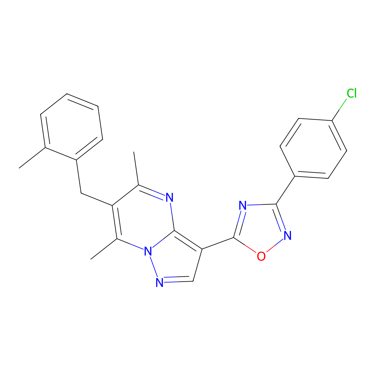 3-(4-Chlorophenyl)-5-{5,7-dimethyl-6-[(2-methylphenyl)methyl]pyrazolo[1,5-a]pyrimidin-3-yl}-1,2,4-oxadiazole molecular structure, CAS 1029790-34-8