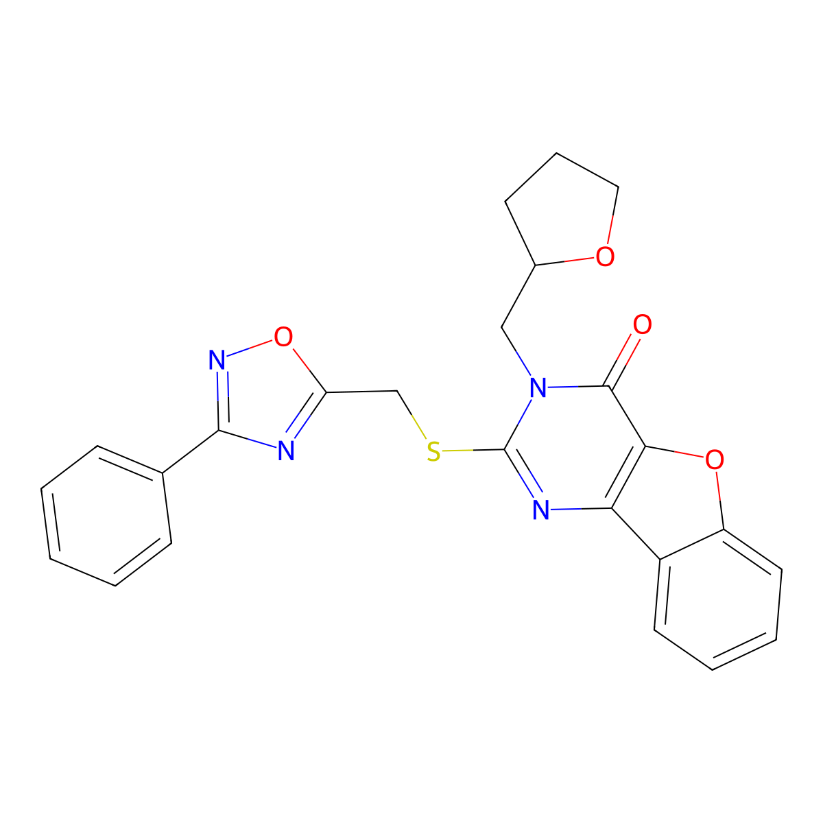 2-(((3-phenyl-1,2,4-oxadiazol-5-yl)methyl)thio)-3-((tetrahydrofuran-2-yl)methyl)benzofuro[3,2-d]pyrimidin-4(3H)-one molecular structure, CAS 1029790-61-1