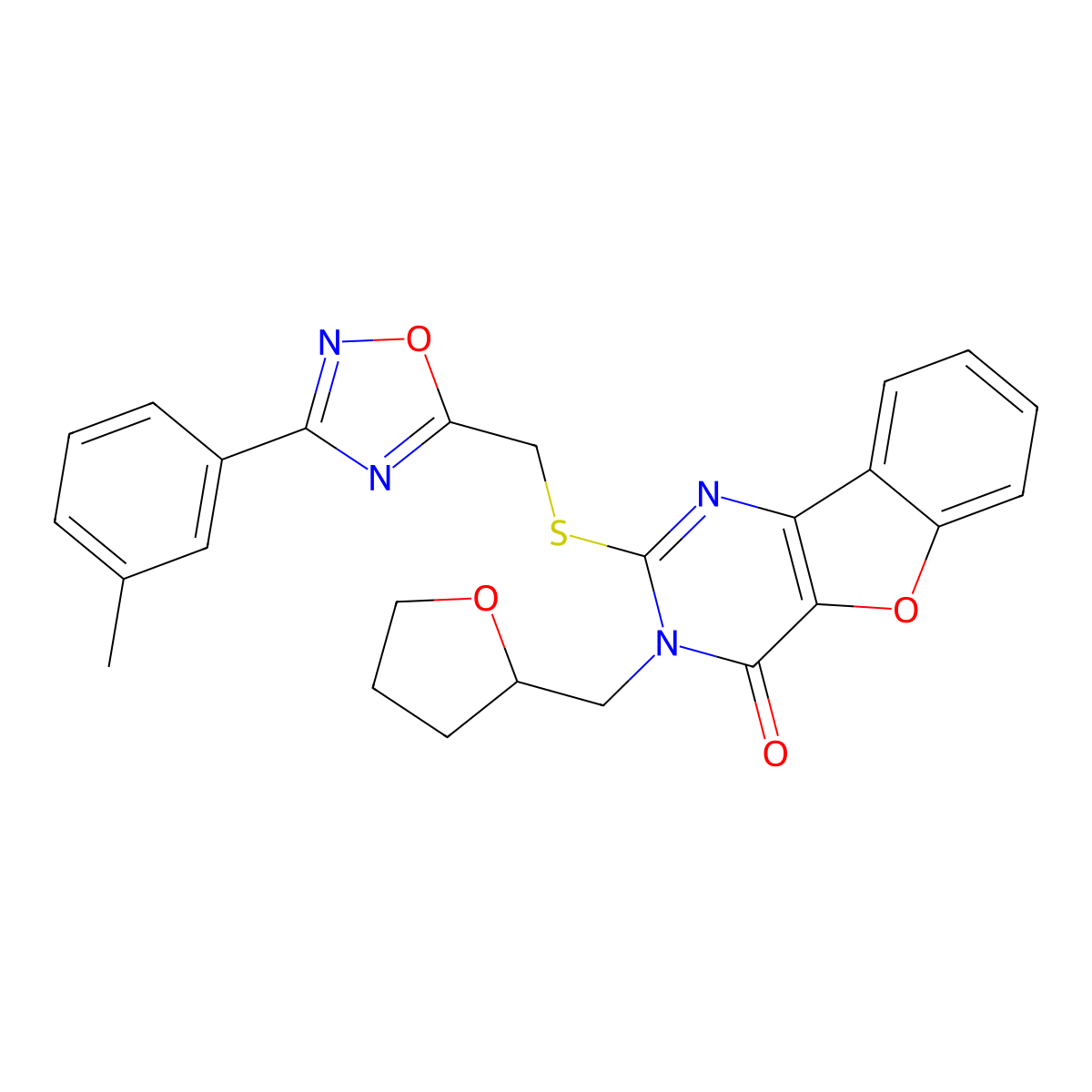 3-((tetrahydrofuran-2-yl)methyl)-2-(((3-(m-tolyl)-1,2,4-oxadiazol-5-yl)methyl)thio)benzofuro[3,2-d]pyrimidin-4(3H)-one molecular structure, CAS 1029790-67-7