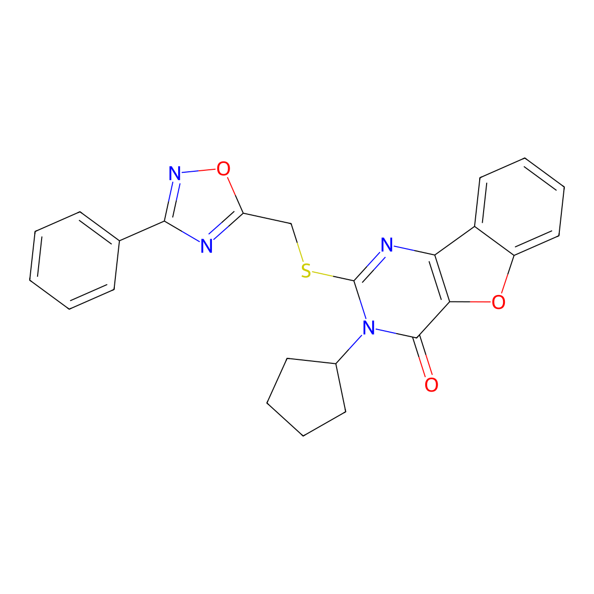 3-cyclopentyl-2-(((3-phenyl-1,2,4-oxadiazol-5-yl)methyl)thio)benzofuro[3,2-d]pyrimidin-4(3H)-one molecular structure, CAS 1029790-70-2