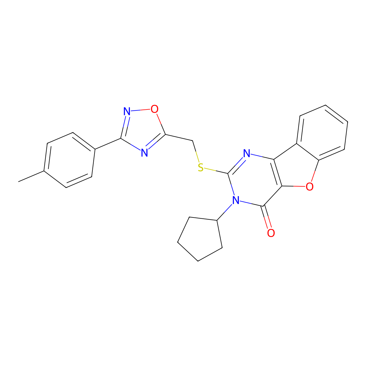 3-cyclopentyl-2-(((3-(p-tolyl)-1,2,4-oxadiazol-5-yl)methyl)thio)benzofuro[3,2-d]pyrimidin-4(3H)-one molecular structure, CAS 1029790-73-5