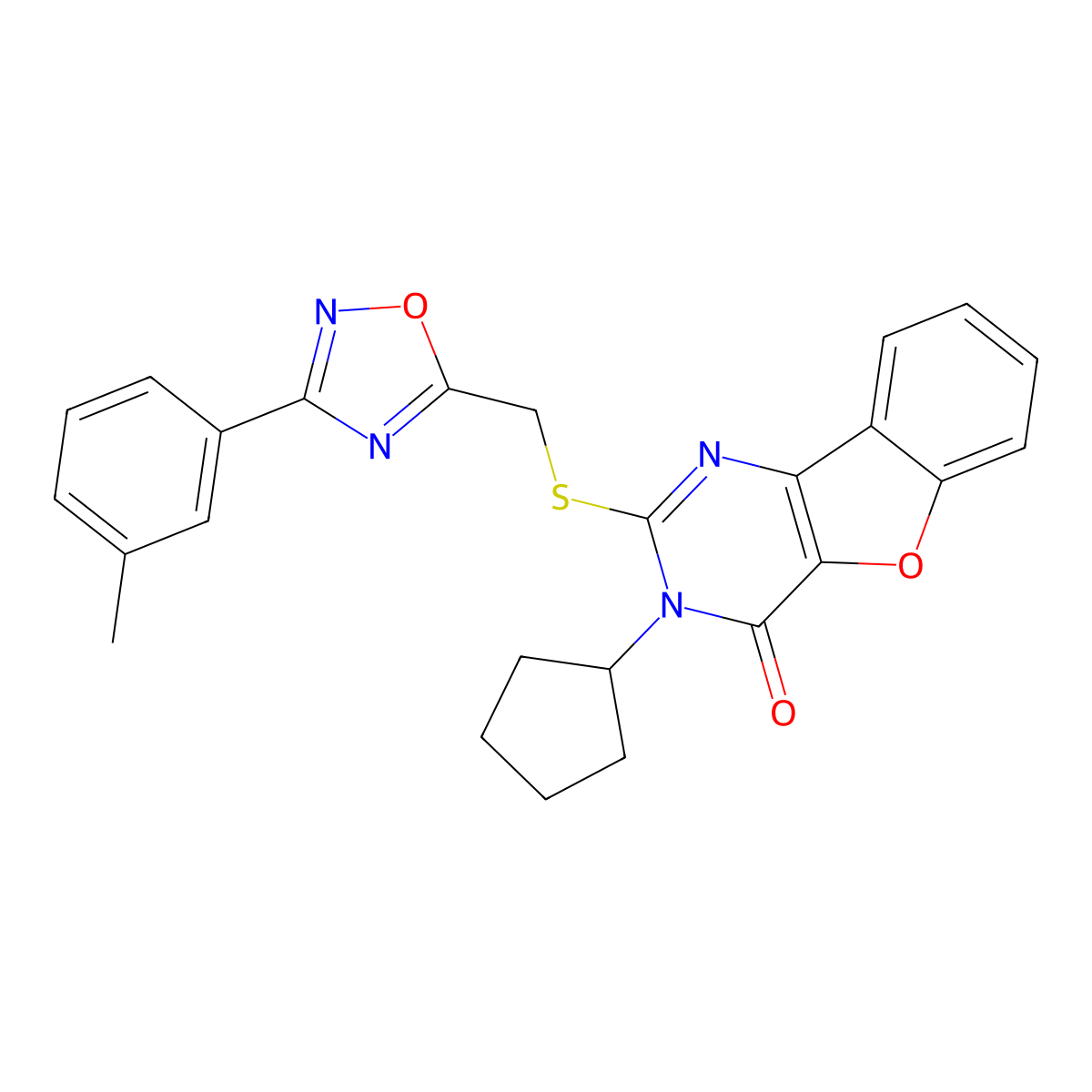 3-cyclopentyl-2-(((3-(m-tolyl)-1,2,4-oxadiazol-5-yl)methyl)thio)benzofuro[3,2-d]pyrimidin-4(3H)-one molecular structure, CAS 1029790-76-8