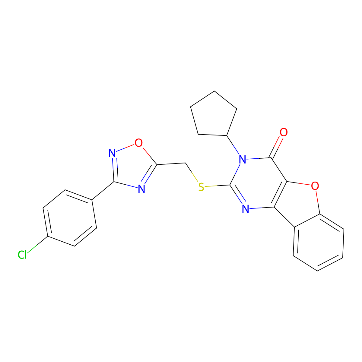 2-(((3-(4-chlorophenyl)-1,2,4-oxadiazol-5-yl)methyl)thio)-3-cyclopentylbenzofuro[3,2-d]pyrimidin-4(3H)-one molecular structure, CAS 1029790-79-1