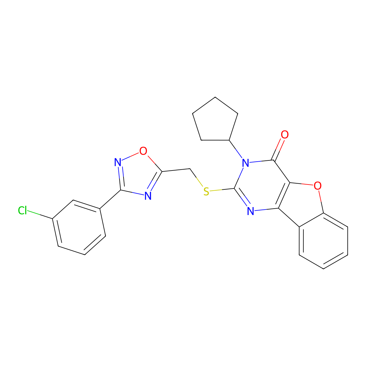 2-(((3-(3-chlorophenyl)-1,2,4-oxadiazol-5-yl)methyl)thio)-3-cyclopentylbenzofuro[3,2-d]pyrimidin-4(3H)-one molecular structure, CAS 1029790-82-6