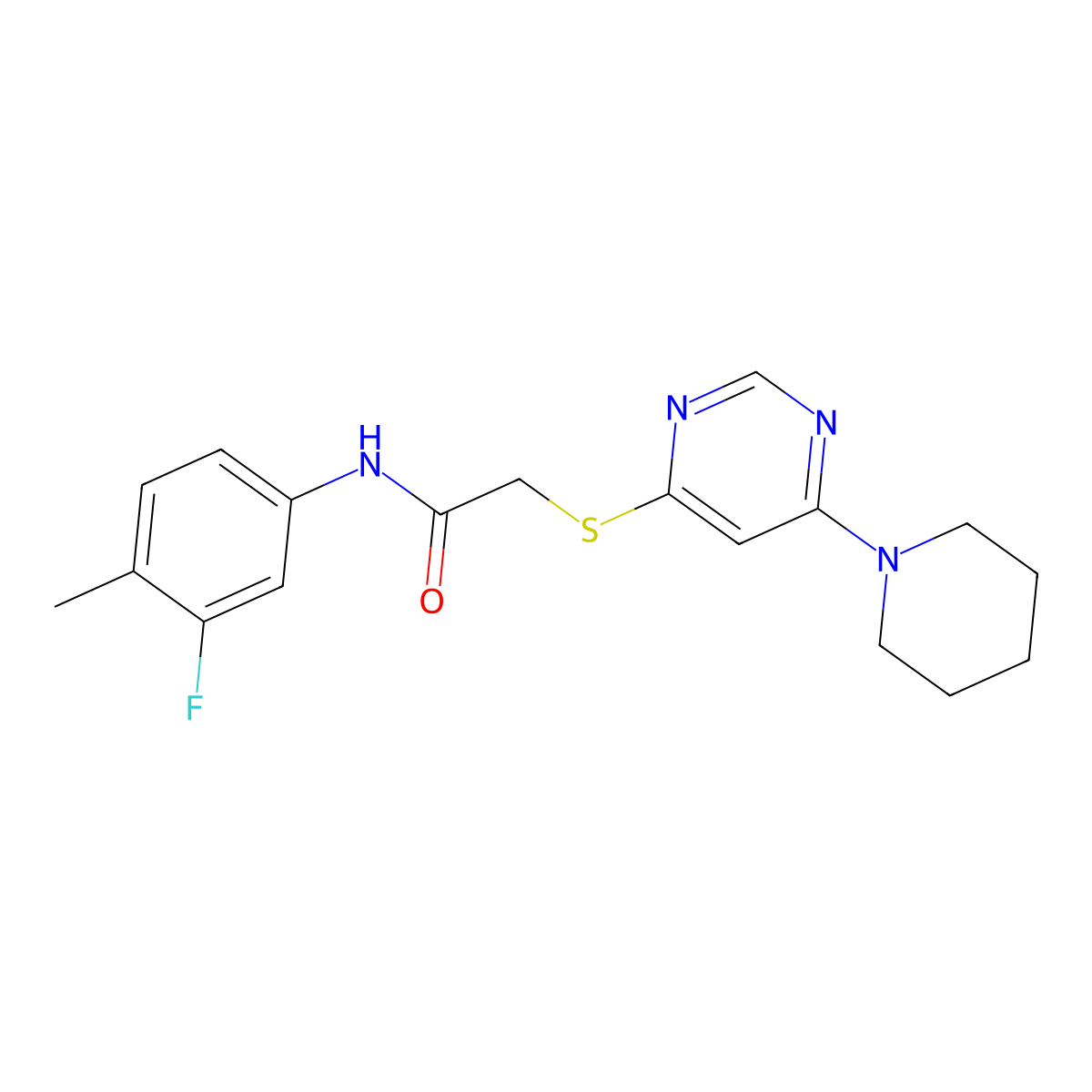 N-(3-Fluoro-4-methylphenyl)-2-{[6-(piperidin-1-YL)pyrimidin-4-YL]sulfanyl}acetamide molecular structure, CAS 1029790-97-3