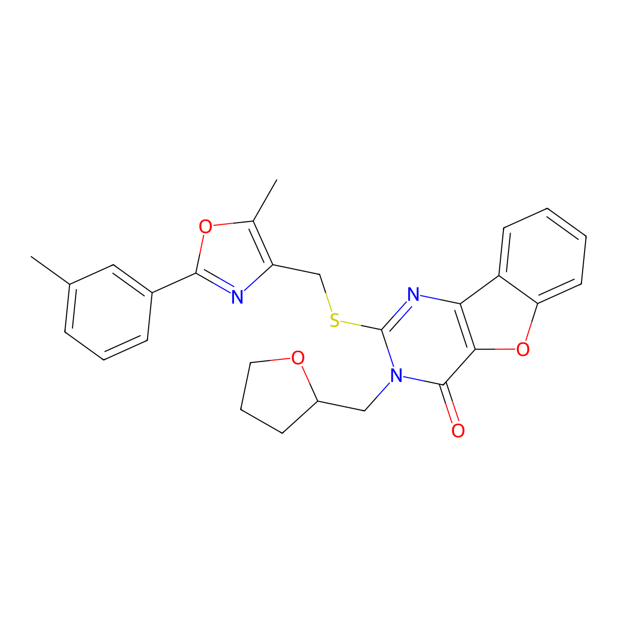 2-(((5-methyl-2-(m-tolyl)oxazol-4-yl)methyl)thio)-3-((tetrahydrofuran-2-yl)methyl)benzofuro[3,2-d]pyrimidin-4(3H)-one molecular structure, CAS 1029791-06-7