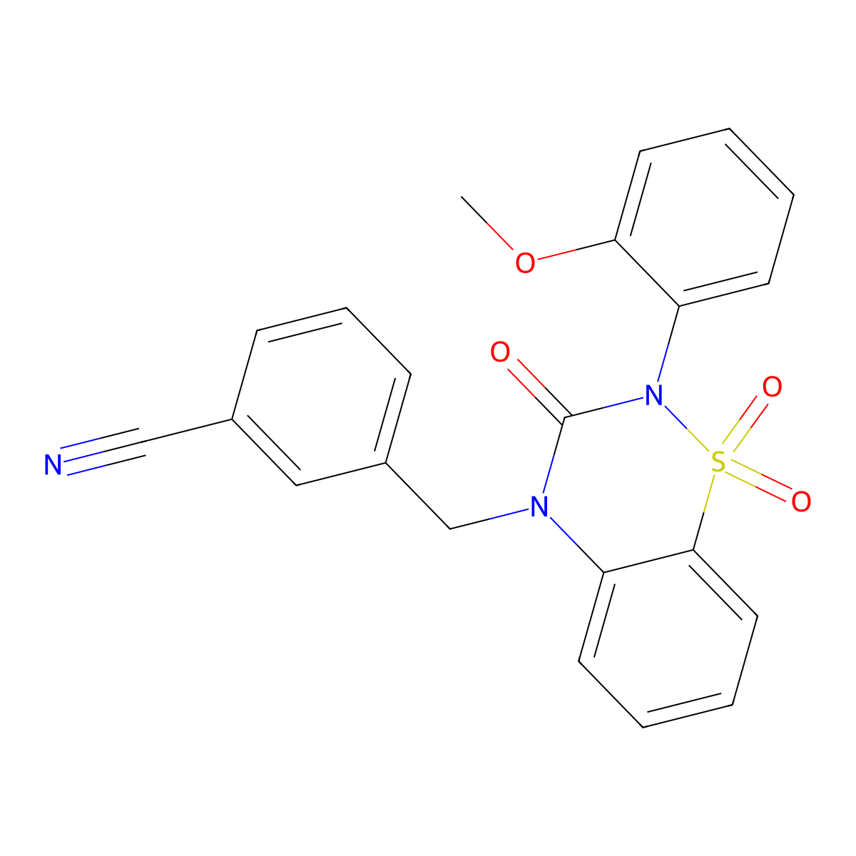 3-((2-(2-methoxyphenyl)-1,1-dioxido-3-oxo-2H-benzo[e][1,2,4]thiadiazin-4(3H)-yl)methyl)benzonitrile molecular structure, CAS 1029791-45-4