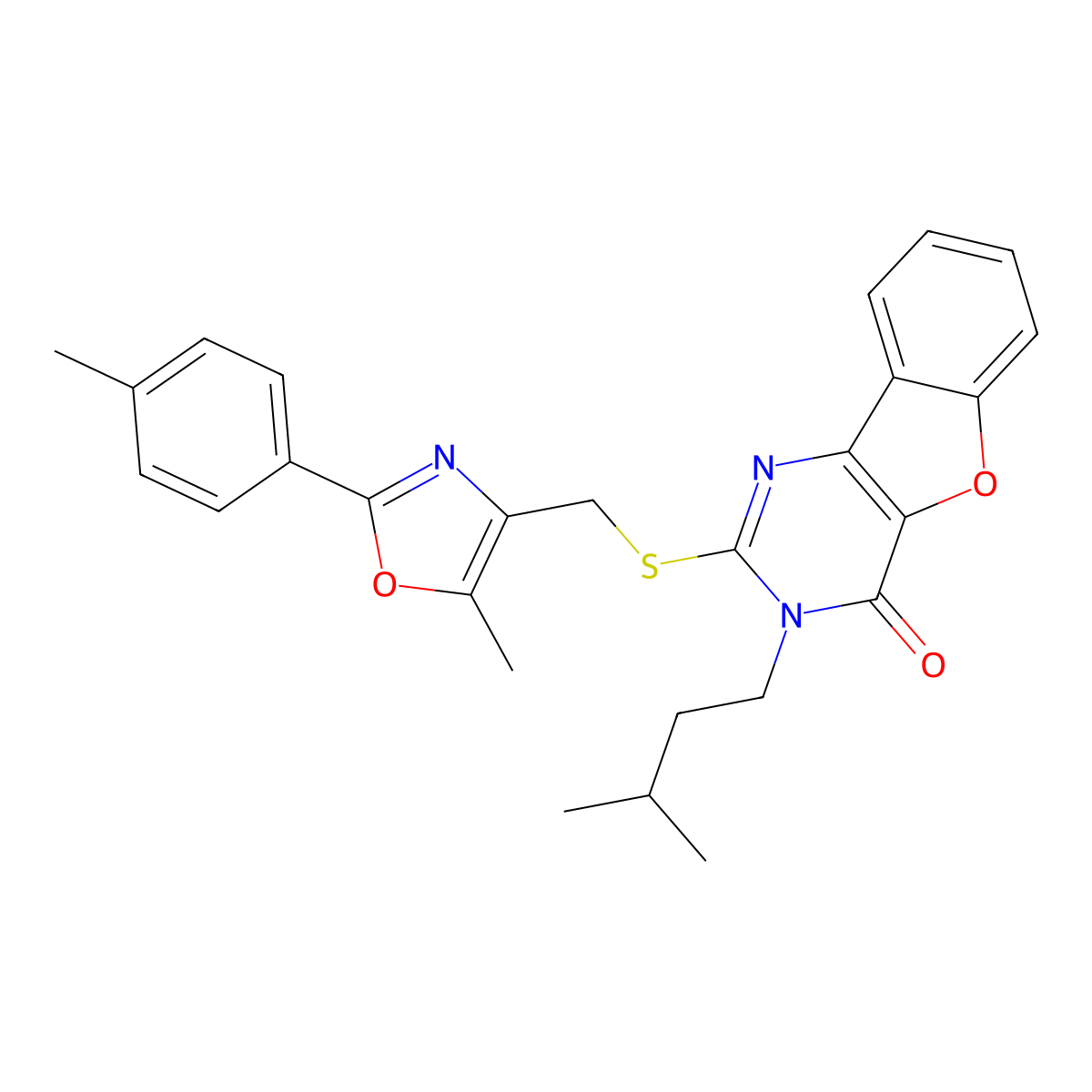 3-isopentyl-2-(((5-methyl-2-(p-tolyl)oxazol-4-yl)methyl)thio)benzofuro[3,2-d]pyrimidin-4(3H)-one molecular structure, CAS 1029792-05-9