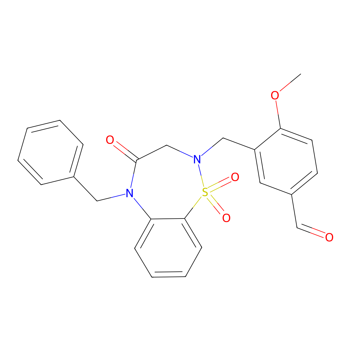 3-((5-benzyl-1,1-dioxido-4-oxo-4,5-dihydrobenzo[f][1,2,5]thiadiazepin-2(3H)-yl)methyl)-4-methoxybenzaldehyde molecular structure, CAS 1029792-70-8