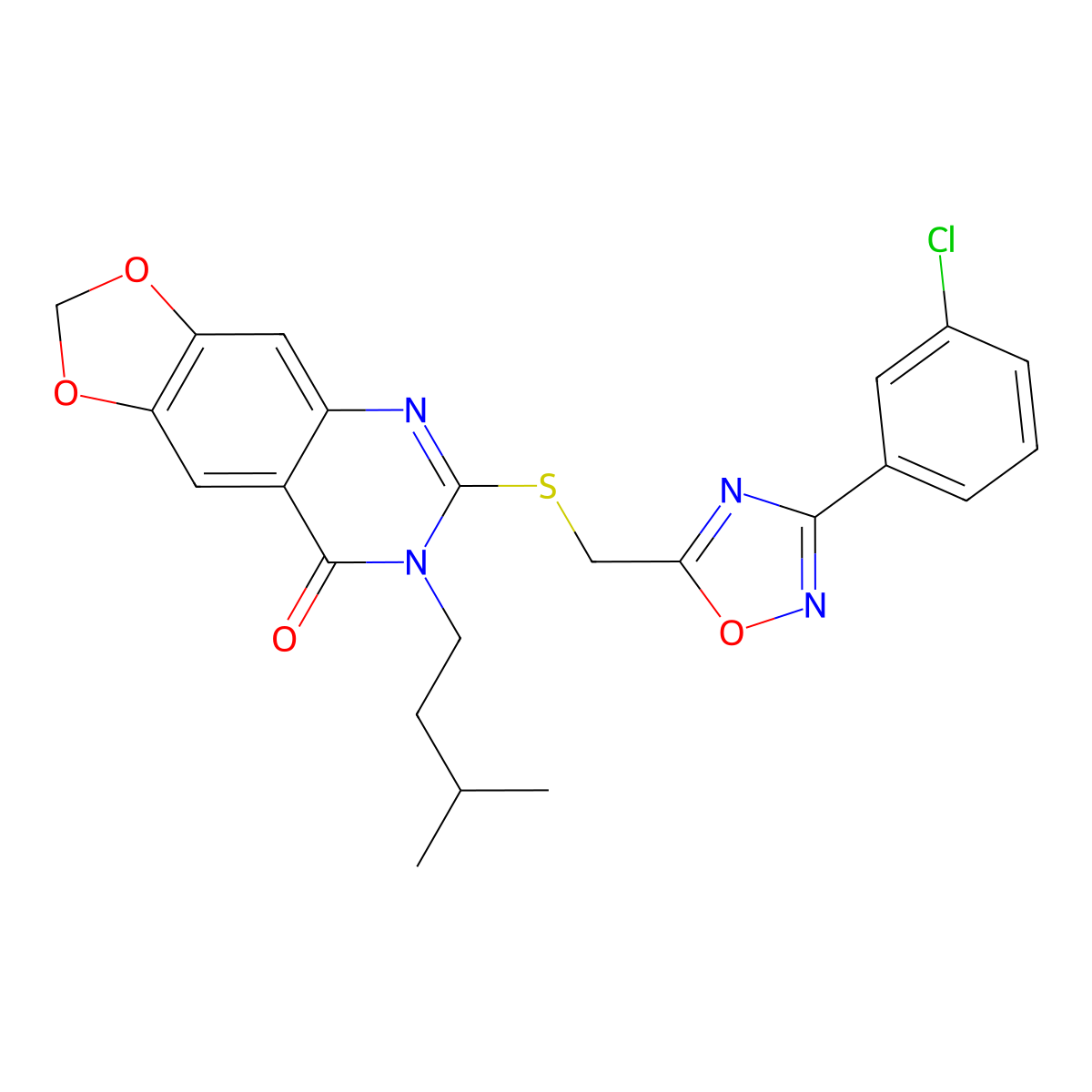 6-(((3-(3-chlorophenyl)-1,2,4-oxadiazol-5-yl)methyl)thio)-7-isopentyl-[1,3]dioxolo[4,5-g]quinazolin-8(7H)-one molecular structure, CAS 1029793-82-5
