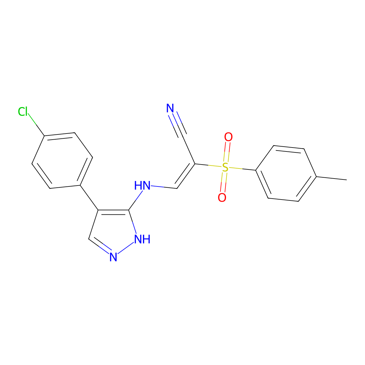 (Z)-3-{[4-(4-chlorophenyl)-1H-pyrazol-5-yl]amino}-2-[(4-methylphenyl)sulfonyl]-2-propenenitrile molecular structure, CAS 1029989-13-6