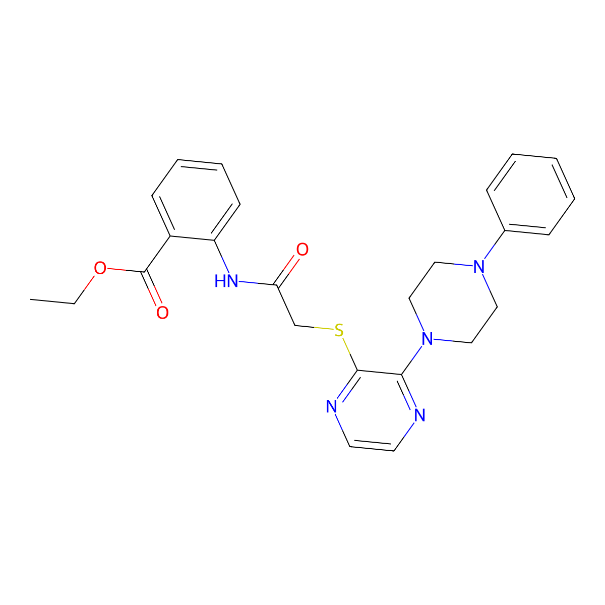 Ethyl 2-(2-((3-(4-phenylpiperazin-1-yl)pyrazin-2-yl)thio)acetamido)benzoate molecular structure, CAS 1030087-61-6