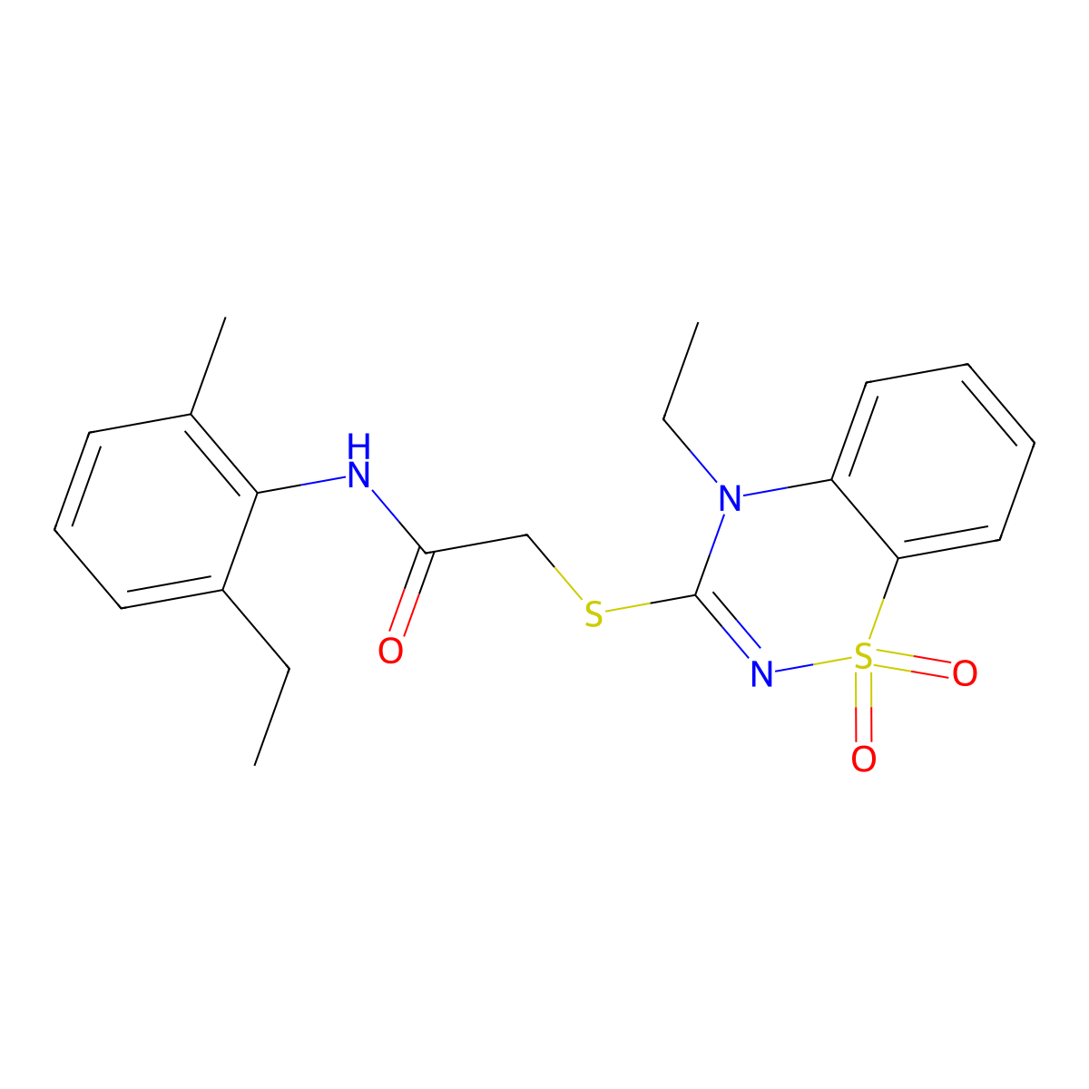 2-((4-ethyl-1,1-dioxido-4H-benzo[e][1,2,4]thiadiazin-3-yl)thio)-N-(2-ethyl-6-methylphenyl)acetamide molecular structure, CAS 1030089-02-1