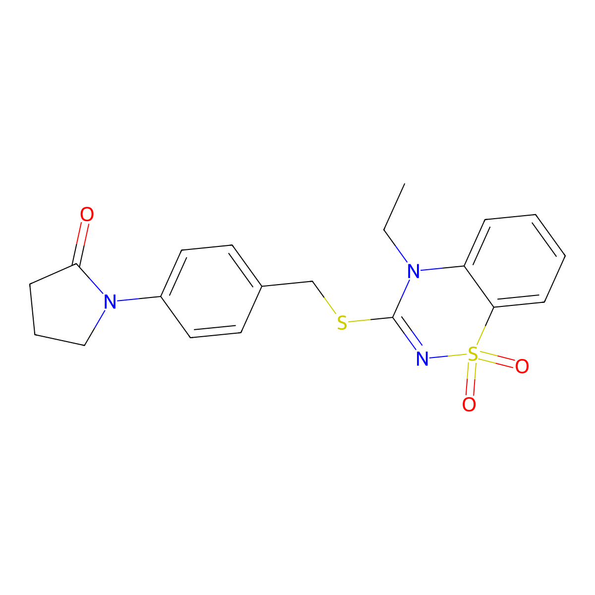1-(4-(((4-ethyl-1,1-dioxido-4H-benzo[e][1,2,4]thiadiazin-3-yl)thio)methyl)phenyl)pyrrolidin-2-one molecular structure, CAS 1030089-06-5