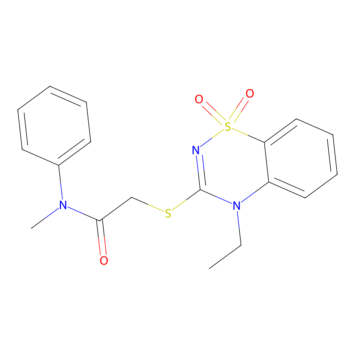 2-((4-ethyl-1,1-dioxido-4H-benzo[e][1,2,4]thiadiazin-3-yl)thio)-N-methyl-N-phenylacetamide molecular structure, CAS 1030089-33-8