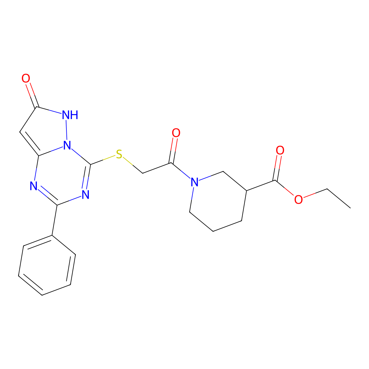 Ethyl 1-{[(7-oxo-2-phenyl-6,7-dihydropyrazolo[1,5-a][1,3,5]triazin-4-yl)thio]acetyl}piperidine-3-carboxylate molecular structure, CAS 1030089-59-8
