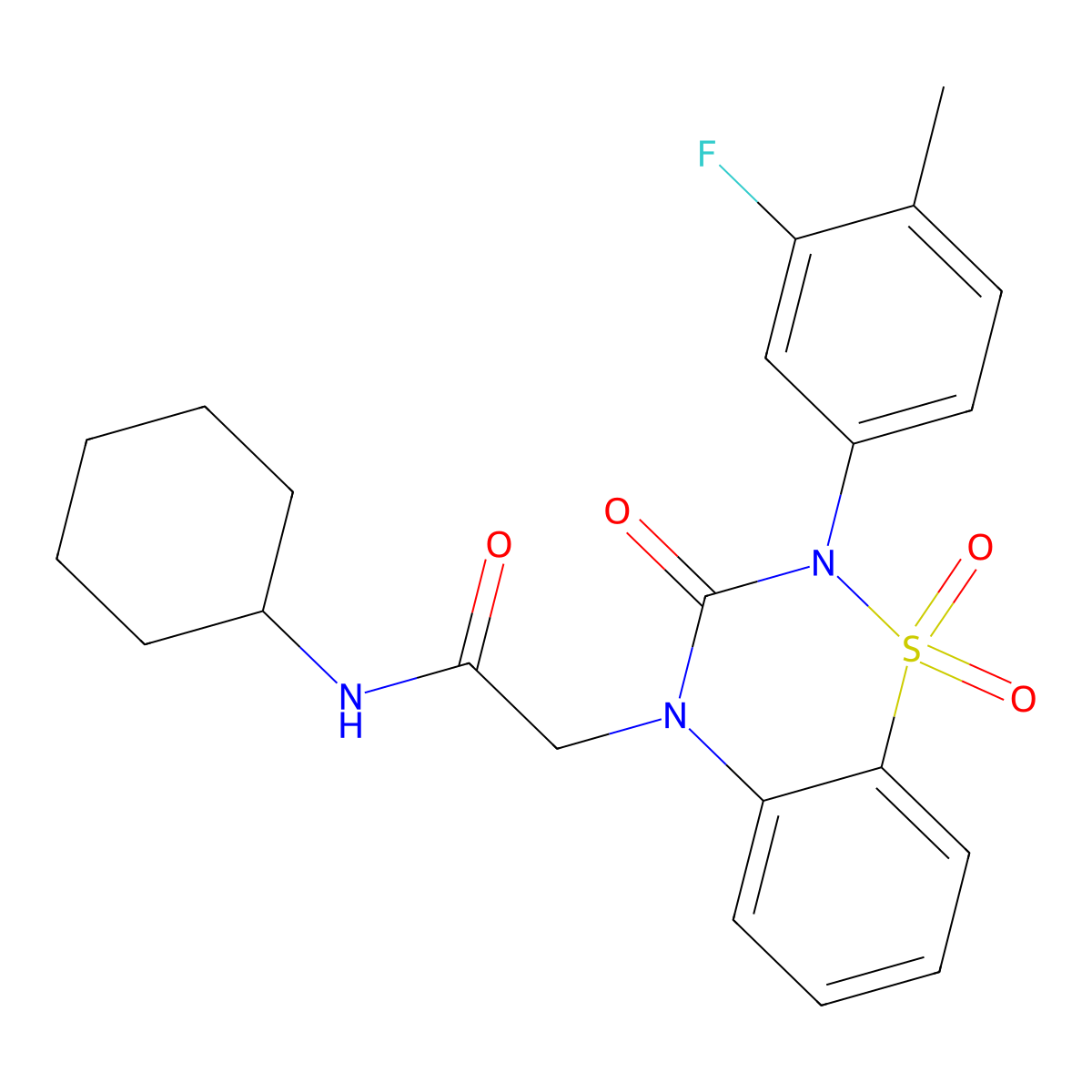 N-cyclohexyl-2-(2-(3-fluoro-4-methylphenyl)-1,1-dioxido-3-oxo-2H-benzo[e][1,2,4]thiadiazin-4(3H)-yl)acetamide molecular structure, CAS 1030090-03-9