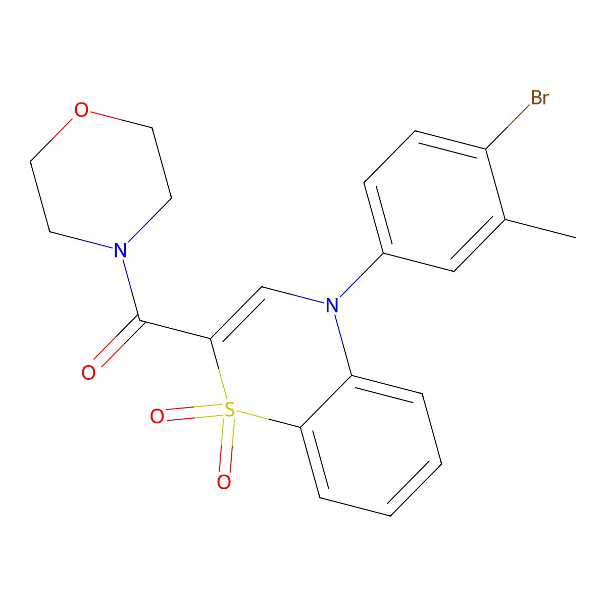 (4-(4-bromo-3-methylphenyl)-1,1-dioxido-4H-benzo[b][1,4]thiazin-2-yl)(morpholino)methanone molecular structure, CAS 1030095-30-7