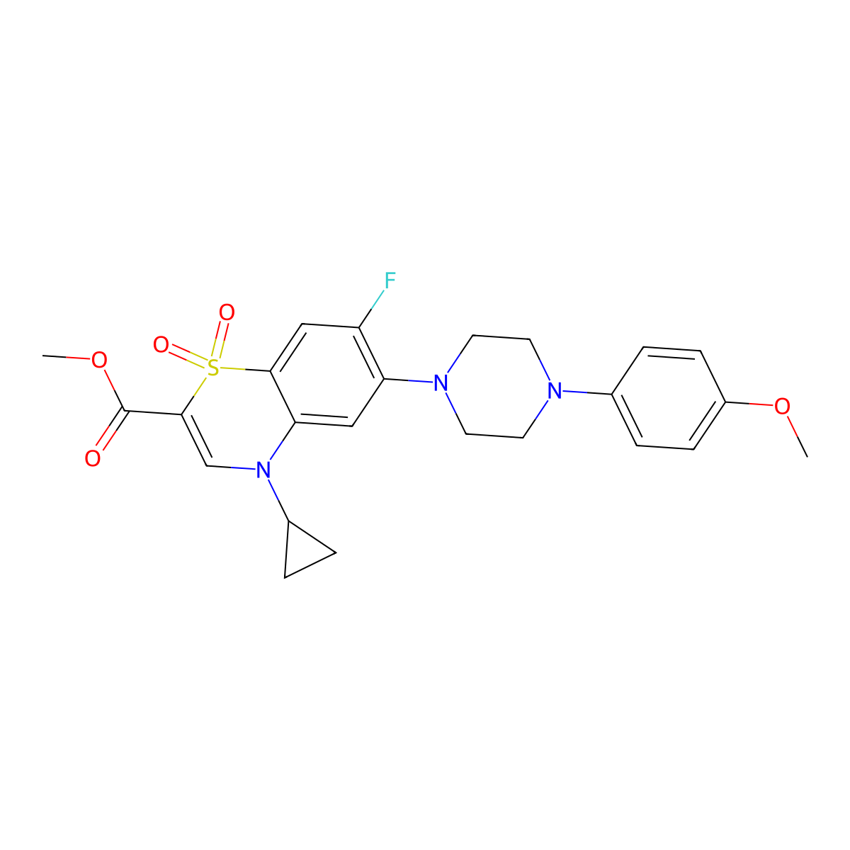 methyl 4-cyclopropyl-7-fluoro-6-(4-(4-methoxyphenyl)piperazin-1-yl)-4H-benzo[b][1,4]thiazine-2-carboxylate 1,1-dioxide molecular structure, CAS 1030095-42-1