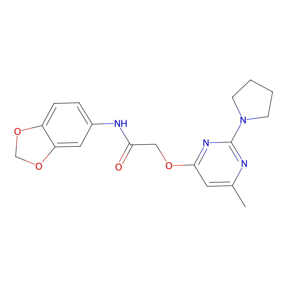 N-(1,3-benzodioxol-5-yl)-2-{[6-methyl-2-(pyrrolidin-1-yl)pyrimidin-4-yl]oxy}acetamide molecular structure, CAS 1030097-27-8