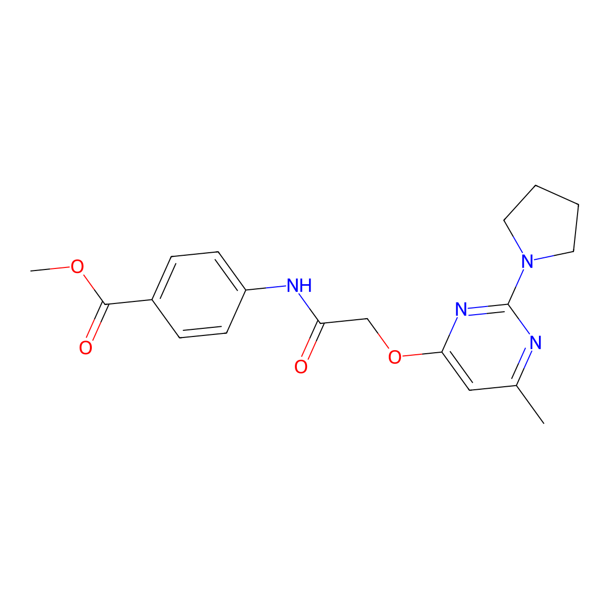 Methyl 4-(2-{[6-methyl-2-(pyrrolidin-1-YL)pyrimidin-4-YL]oxy}acetamido)benzoate molecular structure, CAS 1030097-37-0
