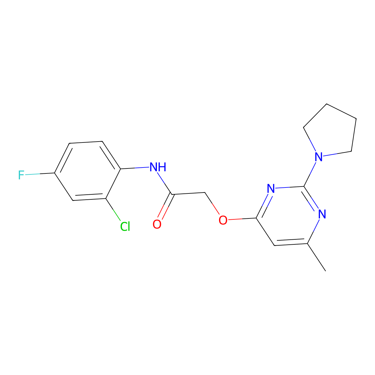 N-(2-chloro-4-fluorophenyl)-2-((6-methyl-2-(pyrrolidin-1-yl)pyrimidin-4-yl)oxy)acetamide molecular structure, CAS 1030097-52-9