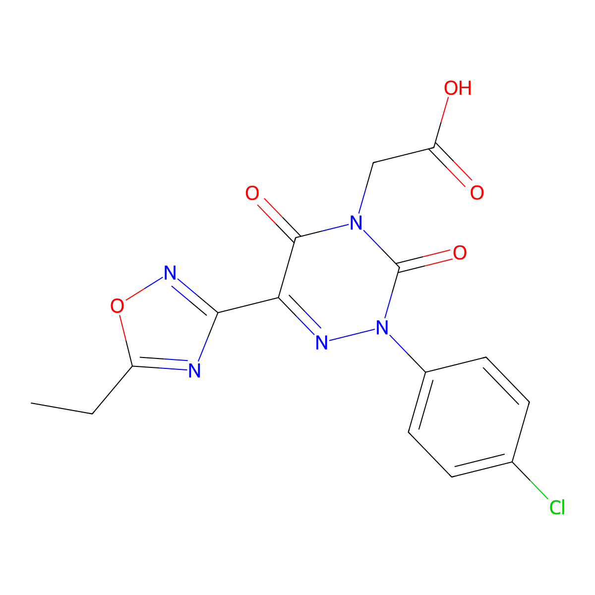 [2-(4-Chlorophenyl)-6-(5-ethyl-1,2,4-oxadiazol-3-yl)-3,5-dioxo-2,5-dihydro-1,2,4-triazin-4(3H)-yl]acetic acid molecular structure, CAS 1030101-95-1