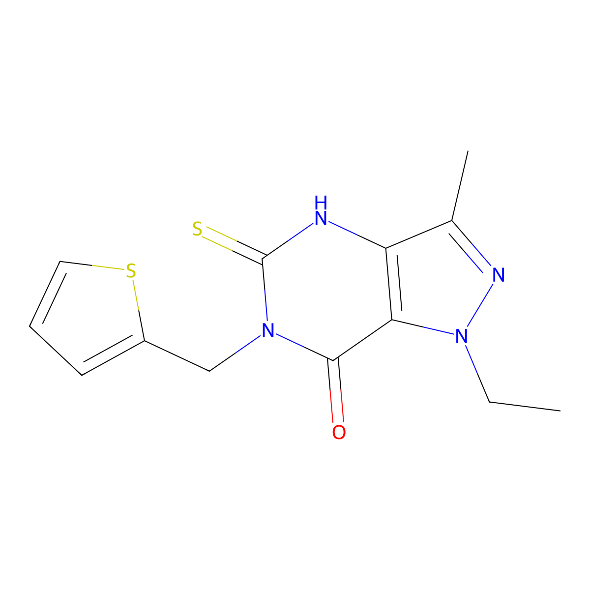 1-ethyl-3-methyl-6-(thiophen-2-ylmethyl)-5-thioxo-1,4,5,6-tetrahydro-7H-pyrazolo[4,3-d]pyrimidin-7-one molecular structure, CAS 1030102-83-0