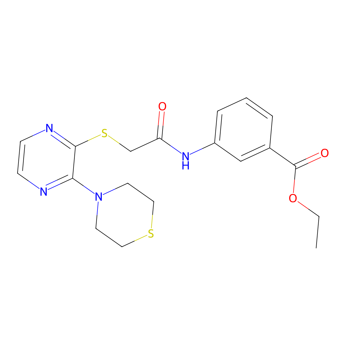 Ethyl 3-(2-((3-thiomorpholinopyrazin-2-yl)thio)acetamido)benzoate molecular structure, CAS 1030109-75-1