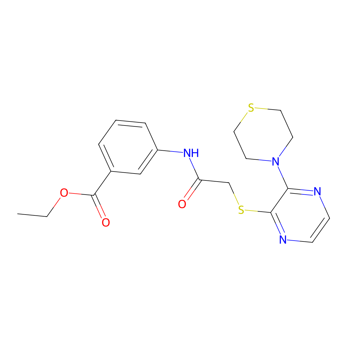 Ethyl 3-(2-((3-thiomorpholinopyrazin-2-yl)thio)acetamido)benzoate molecular structure, CAS 1030109-75-1