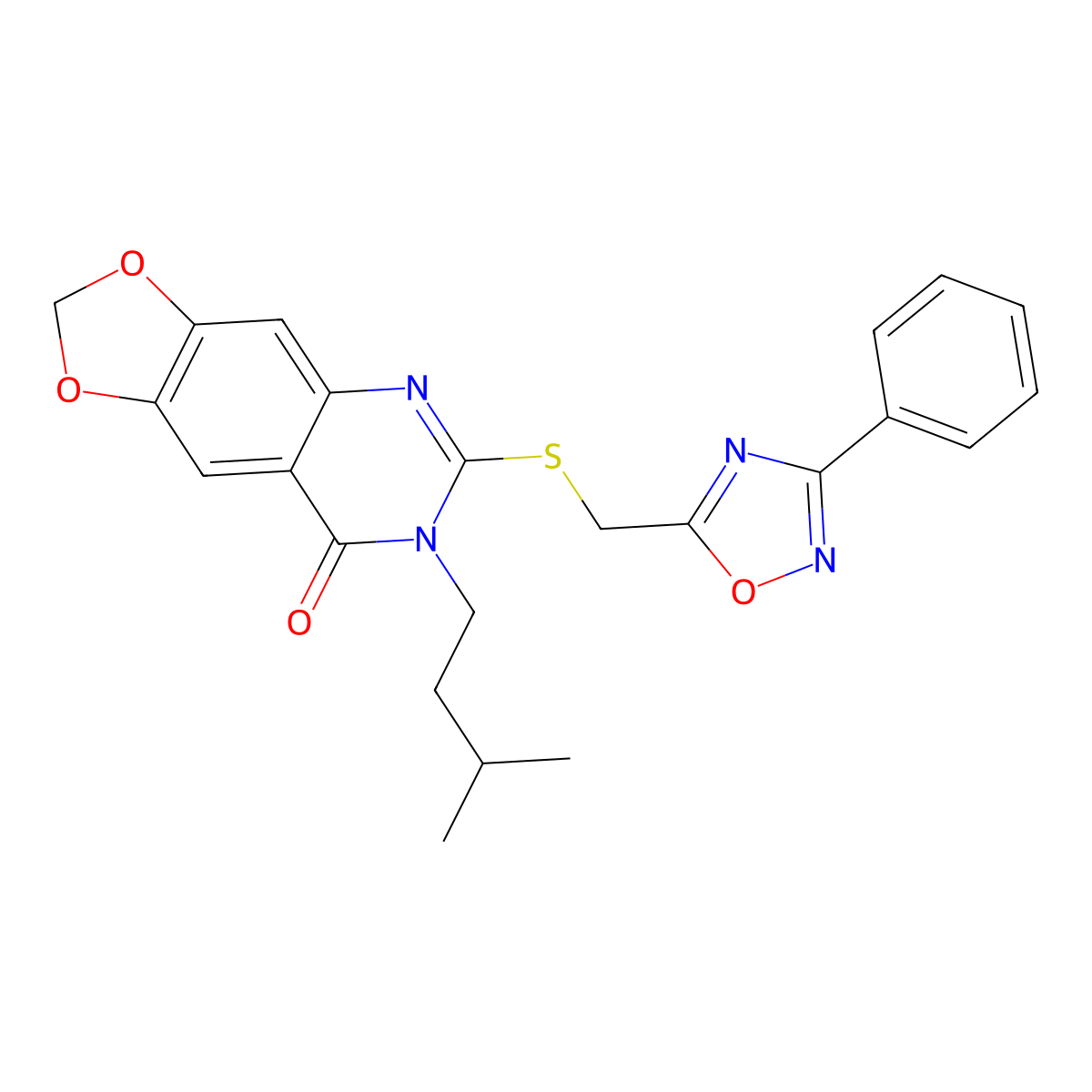 7-isopentyl-6-(((3-phenyl-1,2,4-oxadiazol-5-yl)methyl)thio)-[1,3]dioxolo[4,5-g]quinazolin-8(7H)-one molecular structure, CAS 1030110-34-9
