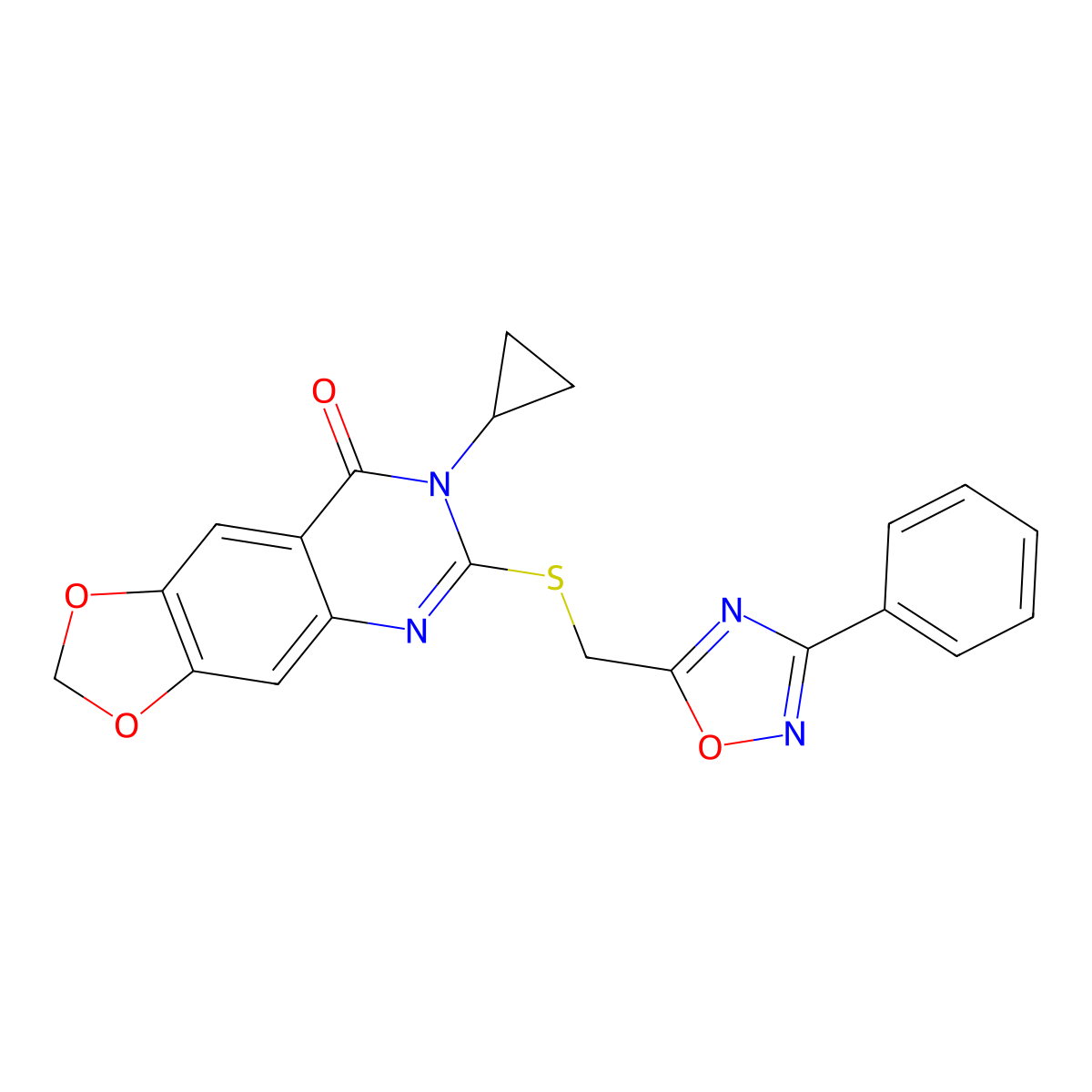 7-cyclopropyl-6-(((3-phenyl-1,2,4-oxadiazol-5-yl)methyl)thio)-[1,3]dioxolo[4,5-g]quinazolin-8(7H)-one molecular structure, CAS 1030110-49-6