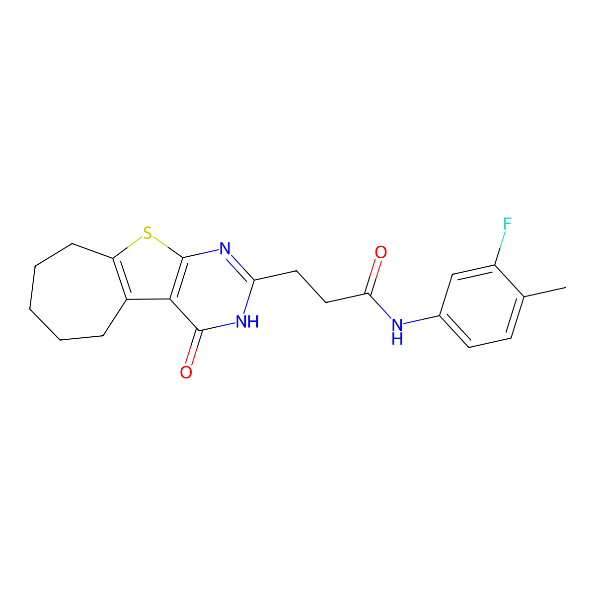 N-(3-fluoro-4-methylphenyl)-3-(4-oxo-3,5,6,7,8,9-hexahydro-4H-cyclohepta[4,5]thieno[2,3-d]pyrimidin-2-yl)propanamide molecular structure, CAS 1030112-43-6