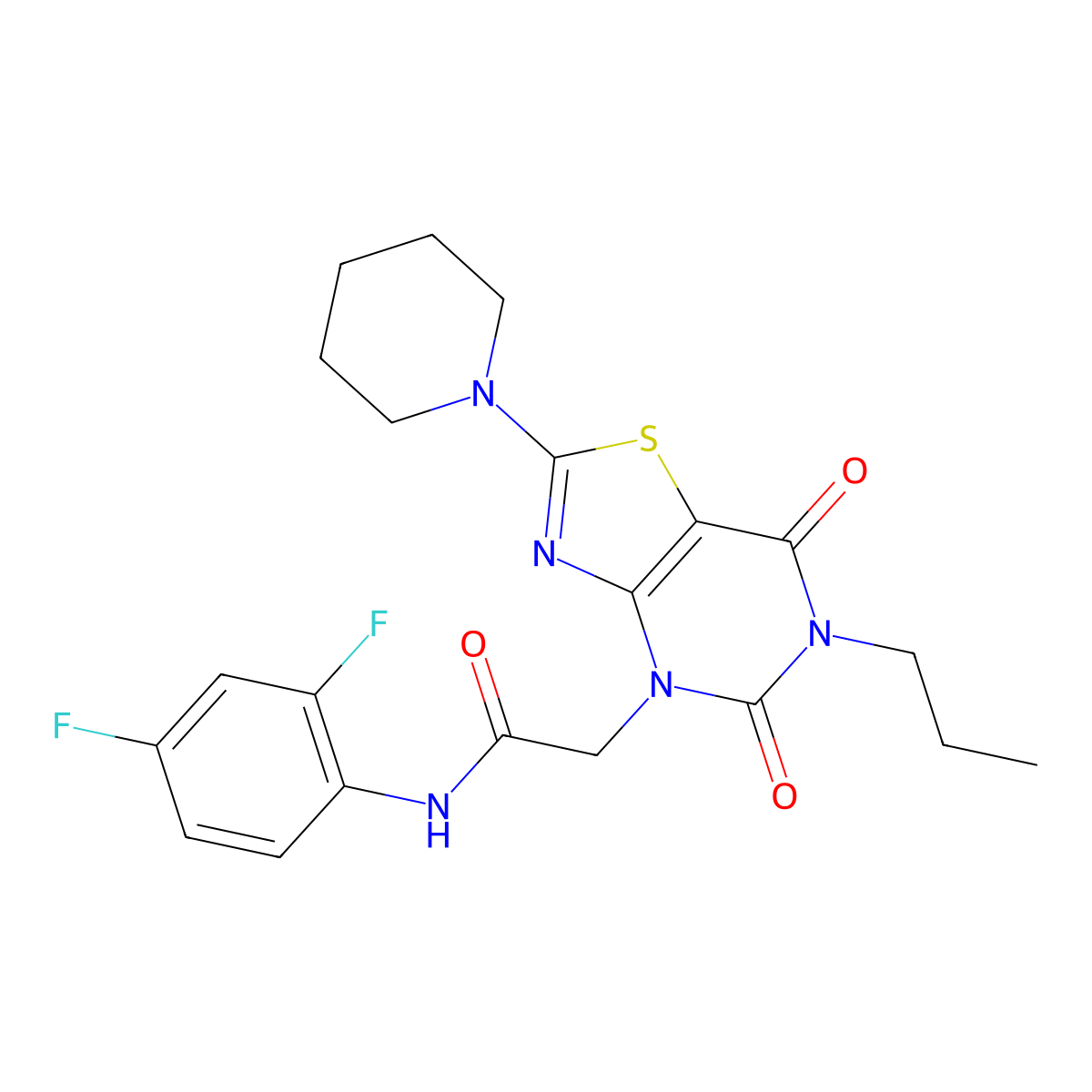 N-(2,4-difluorophenyl)-2-[5,7-dioxo-2-(piperidin-1-yl)-6-propyl-4H,5H,6H,7H-[1,3]thiazolo[4,5-d]pyrimidin-4-yl]acetamide molecular structure, CAS 1030112-70-9