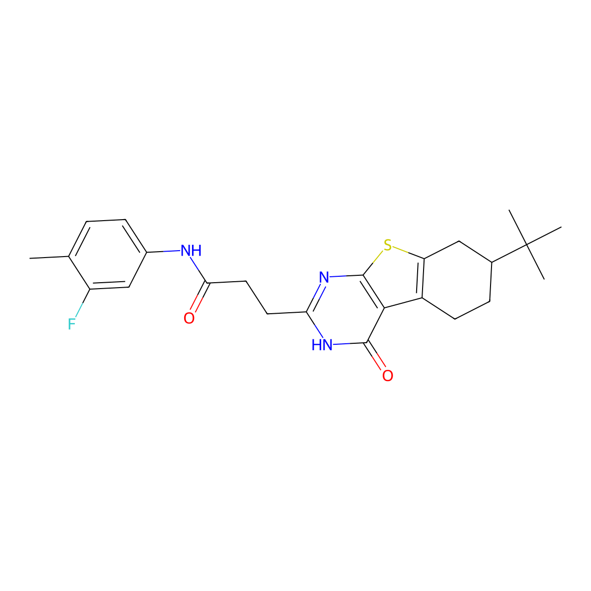 3-(7-tert-butyl-4-oxo-3,4,5,6,7,8-hexahydro[1]benzothieno[2,3-d]pyrimidin-2-yl)-N-(3-fluoro-4-methylphenyl)propanamide molecular structure, CAS 1030112-71-0