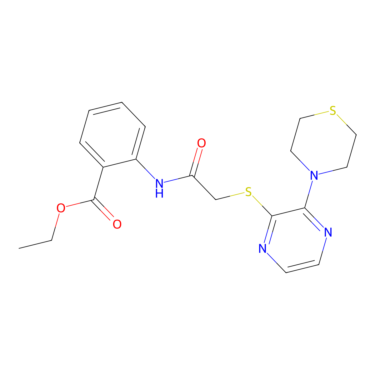 Ethyl 2-(2-((3-thiomorpholinopyrazin-2-yl)thio)acetamido)benzoate molecular structure, CAS 1030116-74-5