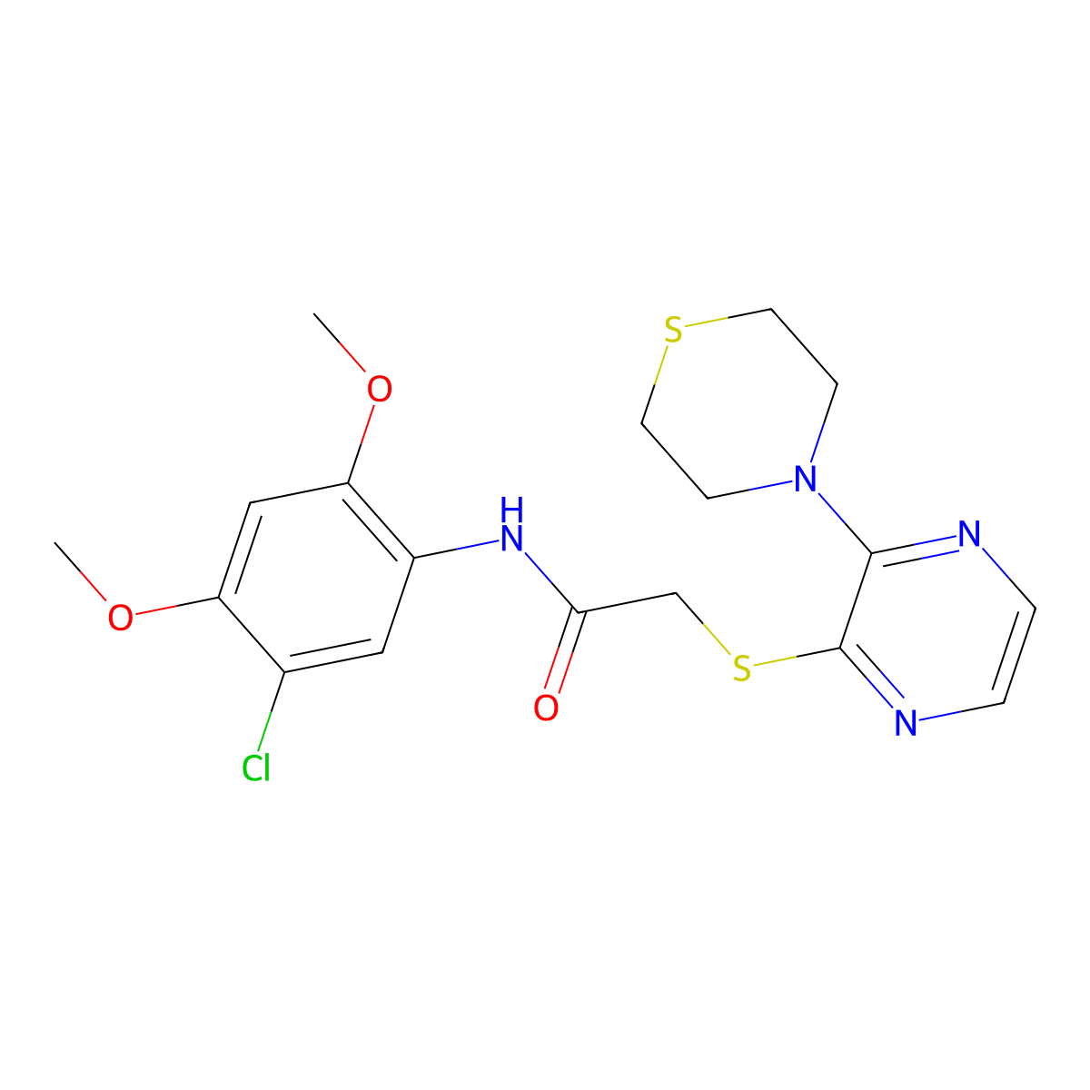 N-(5-chloro-2,4-dimethoxyphenyl)-2-{[3-(thiomorpholin-4-yl)pyrazin-2-yl]sulfanyl}acetamide molecular structure, CAS 1030116-80-3