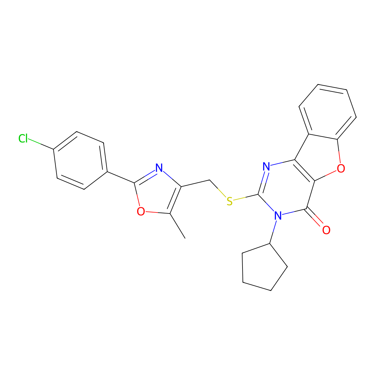 2-(((2-(4-chlorophenyl)-5-methyloxazol-4-yl)methyl)thio)-3-cyclopentylbenzofuro[3,2-d]pyrimidin-4(3H)-one molecular structure, CAS 1030119-93-7